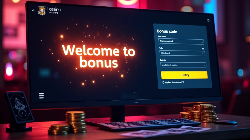 Pantalla de bono de bienvenida en un casino online con fichas y luces tenues